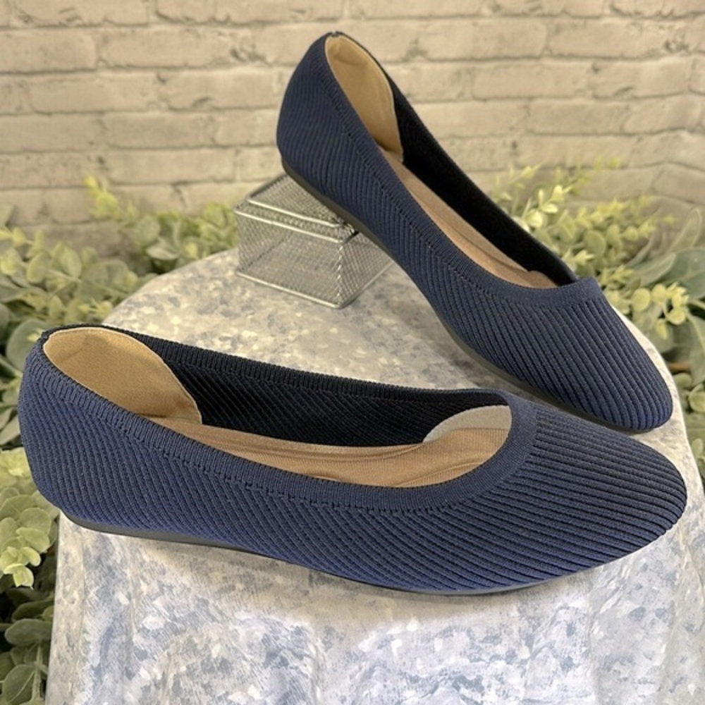 Navy Blue Round Toe Ribbed Stretch Knit Flex Comfort Flats - WMS 8M💙Like New💙